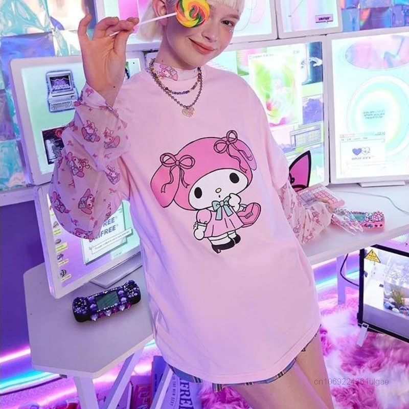 Sanrio Melody Kuromi Short Sleeve T-shirts Y2k Harajuku Japan Style Cute Tops Cartoon Print Student Tees Women Summer Clothes