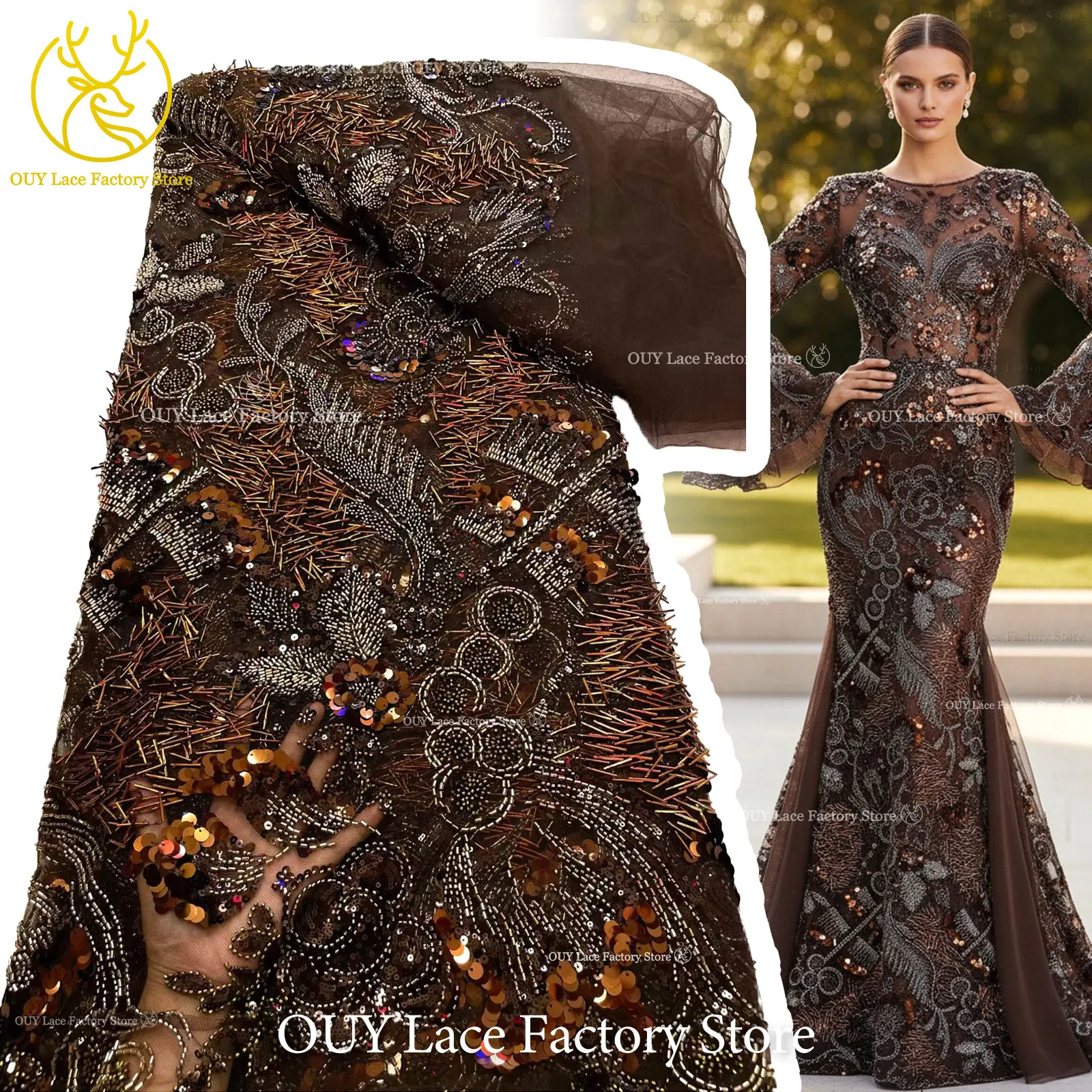 2026 Neuer Stil Luxuriöses Blumen-Perlen-Pailletten-Spitzendesign Hochwertiger Afrikanischer Spitzenstoff für Damen Hochzeitskleid Partykleid Nähen – Detail 5