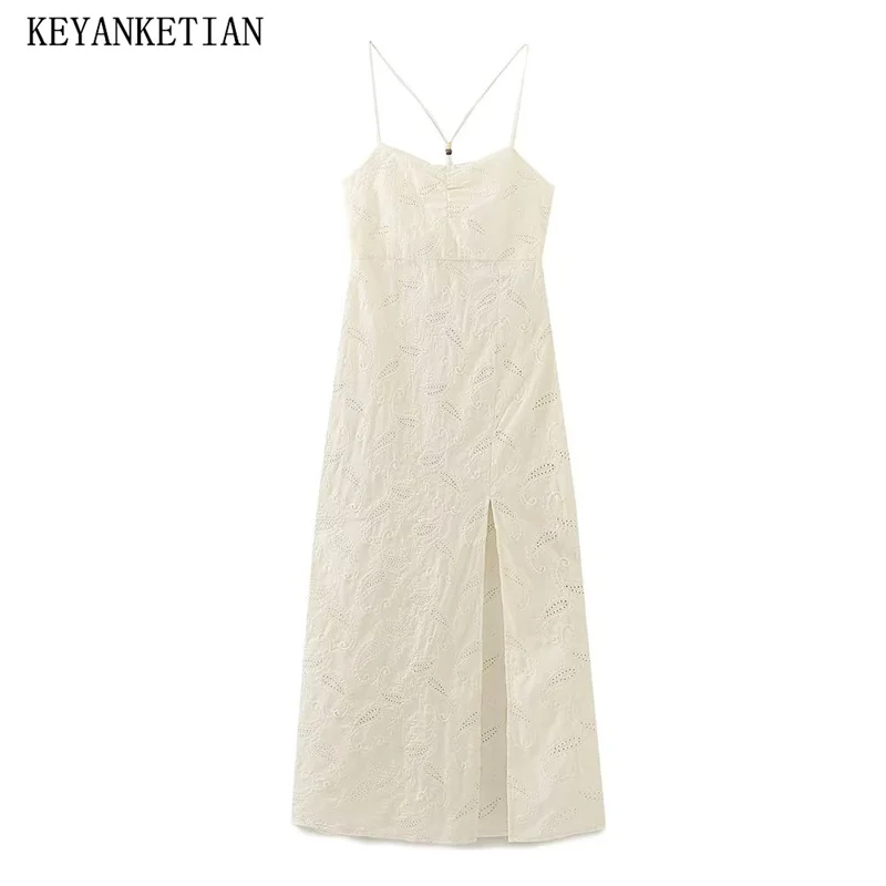 

KEYANKETIAN Paisley Cashew Flower Cutout Embroidery Women Halter Dress Summer New Boho High-Waisted Sleeveless MIDI Dress