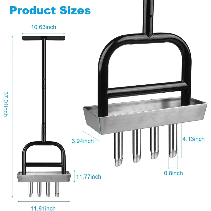 Arejador manual de gramado com bandeja de núcleo de solo para quintal, cuidados com o gramado, 4 núcleos de aço inoxidável, aerador para aeração de grama, ga resistente
