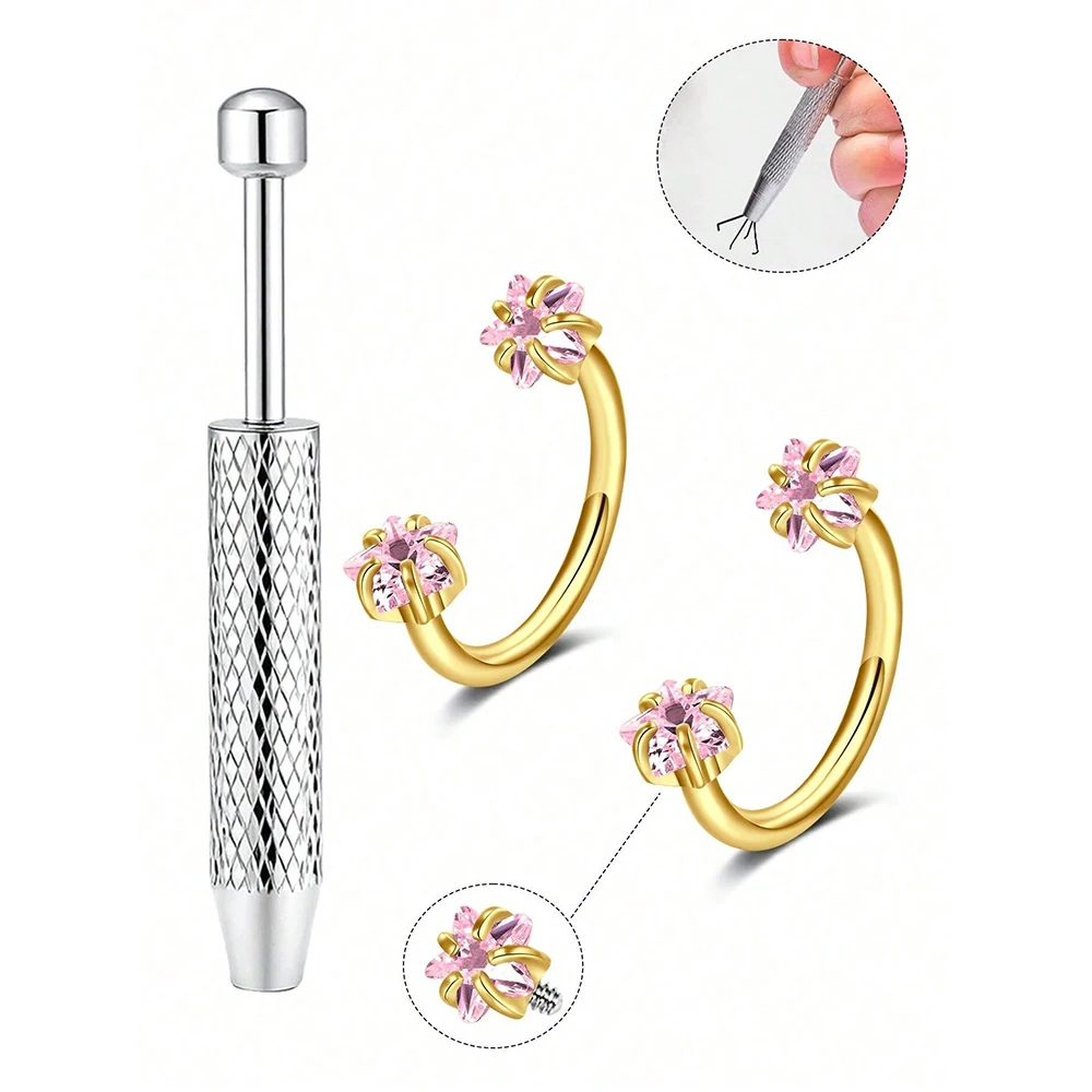 18G 2 Stück Hufeisen-Nasenringe mit 1 Stück Piercing Taper Ball Grabber, Edelstahl Doppel-Zirkonia-Nasenbolzen – Detail 16