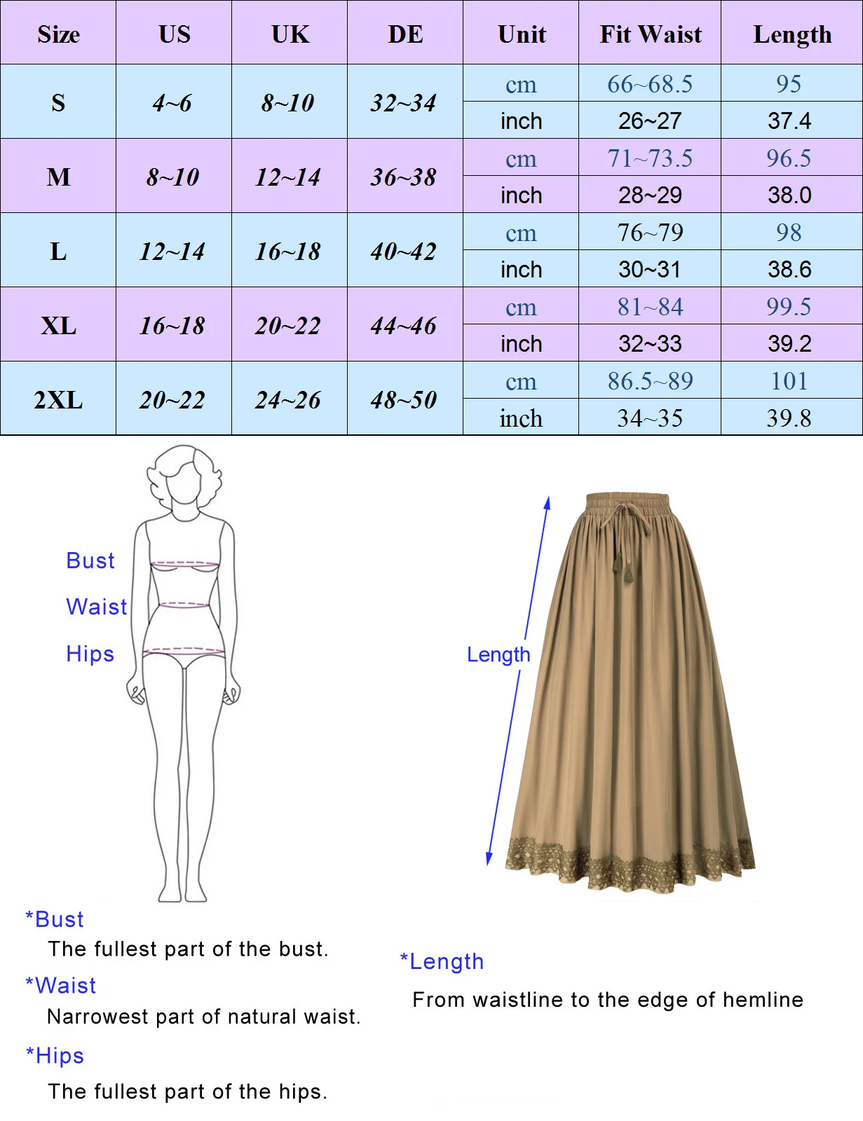 SD Women Vintage Maxi Skirt Elastic Renaissance High Waist Lace Hem Swing Skirt Elastic Waist With Drawstring A-line Dress