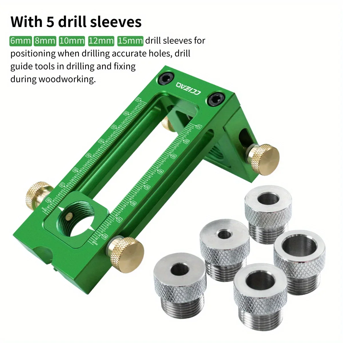 2‑in‑1 Woodworking Doweling Jig, Adjustable Drill Guide with 6‑15mm Sleeves, Pin Hole Locator for Dowel & Screw Drilling