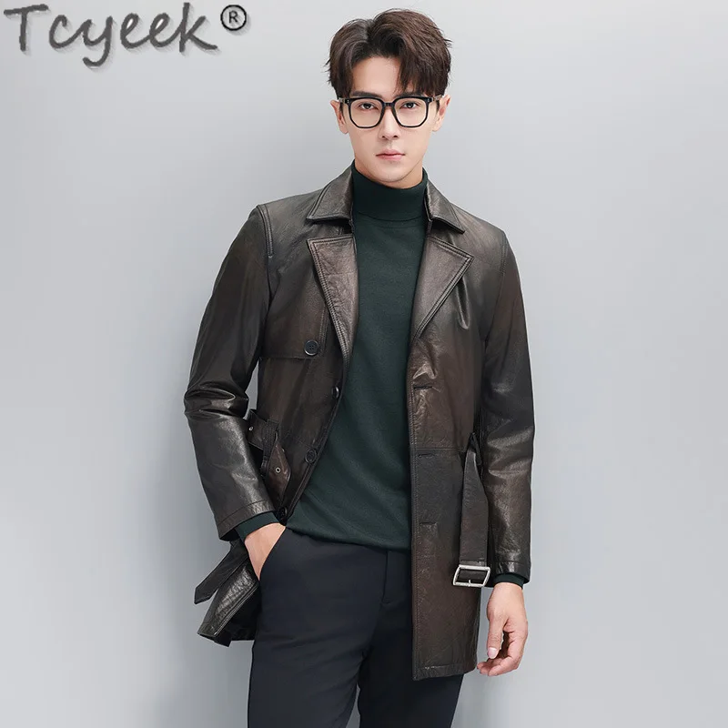 Tcyeek Genuine Leather Jacket Men Top Layer Cowhide Coat Spring Autumn Clothes Mid-length Trench Coats for Man Jaqueta Couro