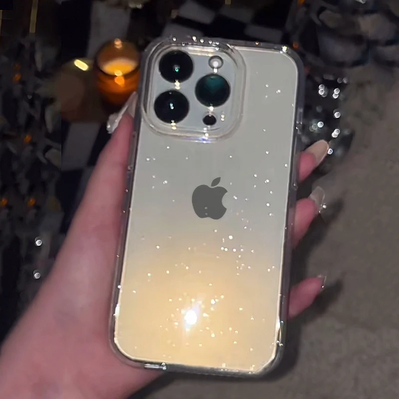 Transparent Simple Glitter Phone Case For iPhone 16 15 14 13 12 11 Pro Max XR XS MAX 7 8 14 PLUS Y2K Shockproof Clear Soft Cover