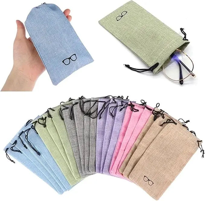 Drawstring Eyeglass Bag 10Pcs Linen Eyewear Bags - Soft Cloth, Drawstring, Portable