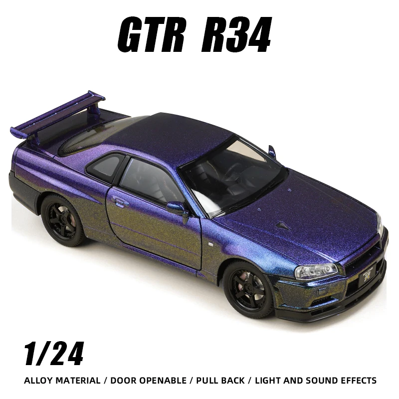 1:24 GTR R34 Skyline Super Sports Car Alloy Model Diecast Metal Vehicle Toy BoyHot Wheels Fast and Furious  One Piece Pull Back