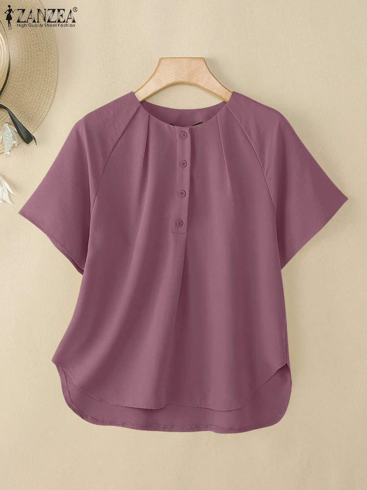 

ZANZEA Women Streetwear High-Low Blouses Summer Round Neck Short Sleeve Blusas Mujer Casual Half-Buttons Solid Color Tops