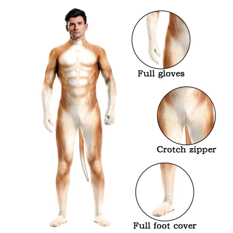 الإبداعية تأثيري Petsuit الثعلب طباعة الحيوان زي دنة Zentai مع الذيل تمتد غطاء كامل داخلية وتتسابق