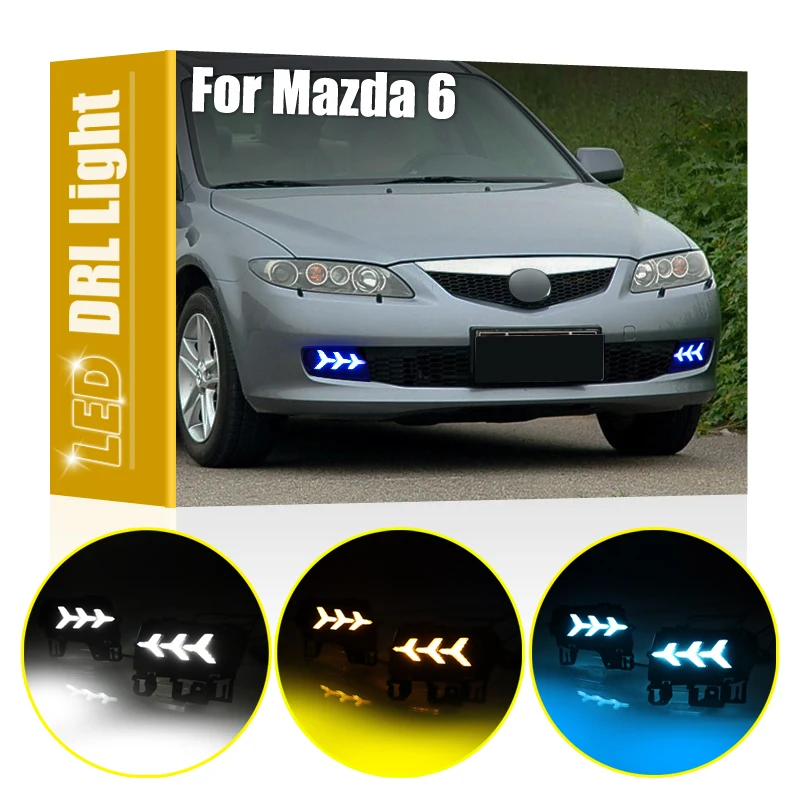 2Pcs Front Bumper White LED DRL Daytime Running Light Amber Turn Signal Blue Night Driving Light For Mazda 6 2006 2007 2008 2009