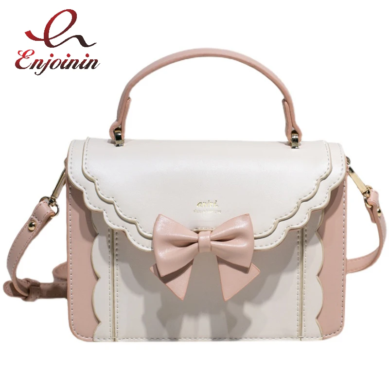 Pink Bow Lolita Handbag for Girls Cute Women Purses Kawaii Totes Female Shoulder Bags Japanese Style Crossbody Bag Pu Leather