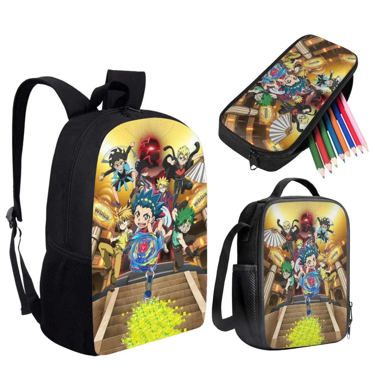 Mochila escolar de Anime Beyblade Burst para niños, gran capacidad, informal, bolsas escolares con fiambrera, estuche para lápices, 3 unids/set