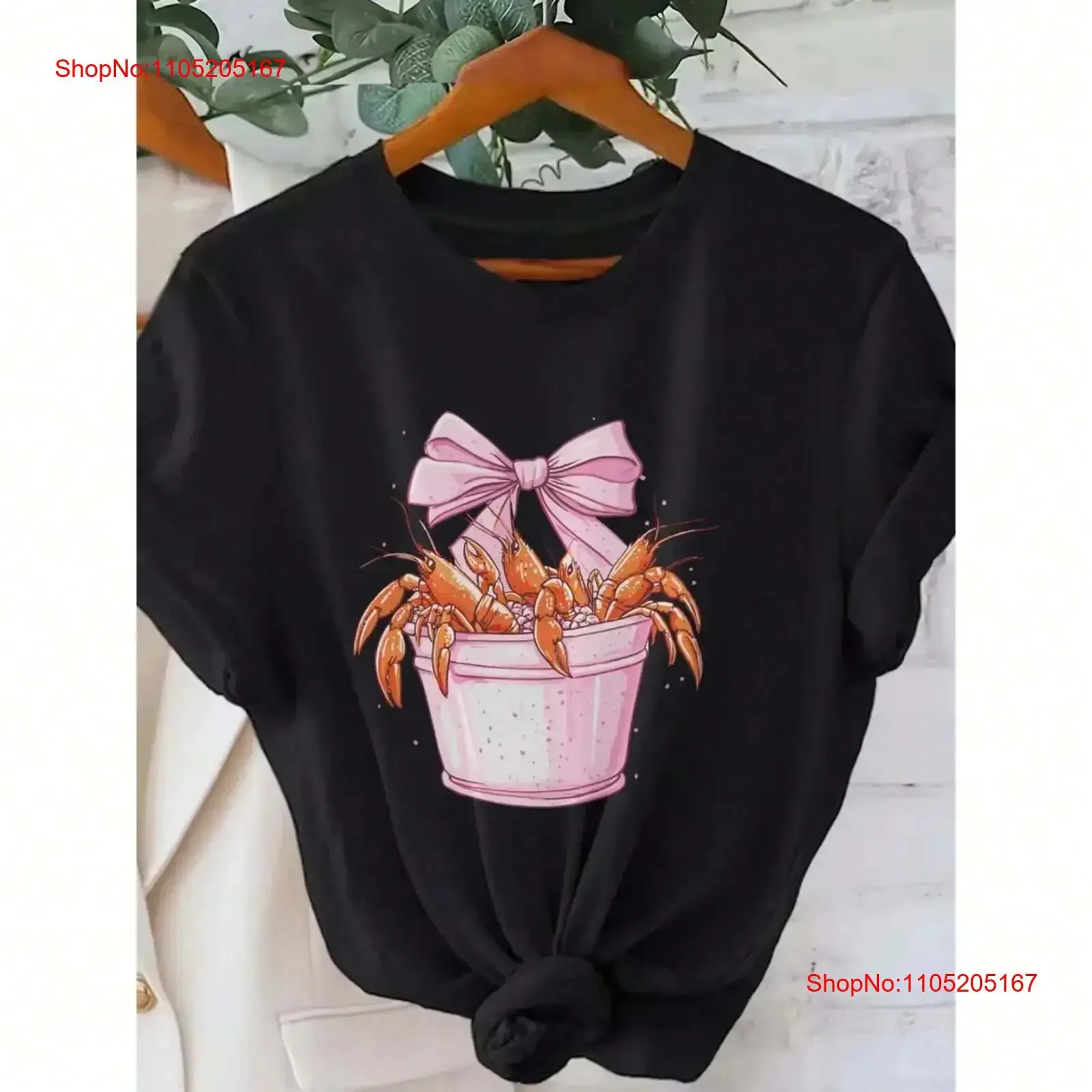 

Pink bucket and shrimp print T shirt casual round neck top for spring summer vintage Washed Casual fashion Breathable Soft