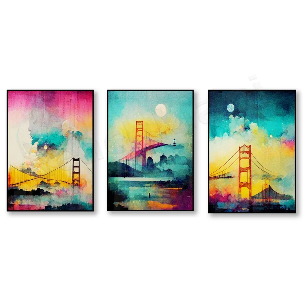 Golden Gate Bridge San Francisco Watercolor Urban Art, Illustration, Abstract Wall Art, Eclectic Boho Design Landscape Poster