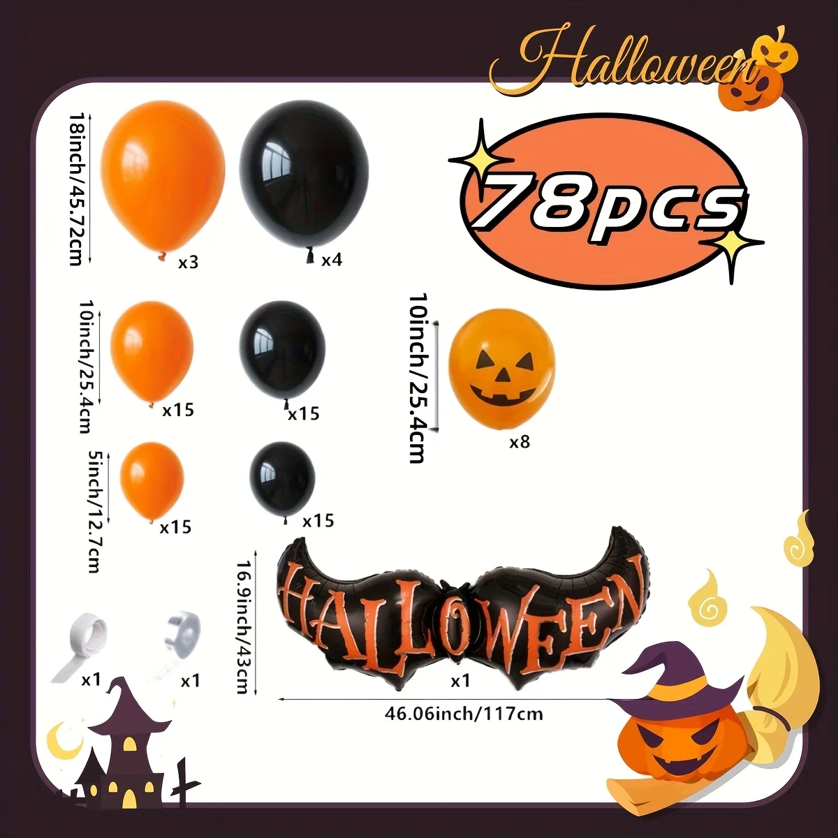 72 Halloween-Ballonsets, schwarze und orangefarbene Ballons, zur Dekoration von Horrorpartys, Jubiläen, Abschlussfeiern und Geburtstagen. – Detail 2