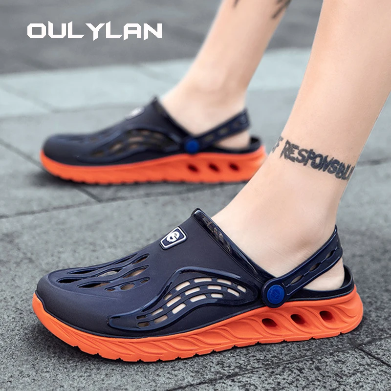 Oulylan Fashion Beach Sandals Thick Sole Slipper Waterproof Anti-Slip Sandals Flip Flops Men Hollow out Casual Perforated Shoes