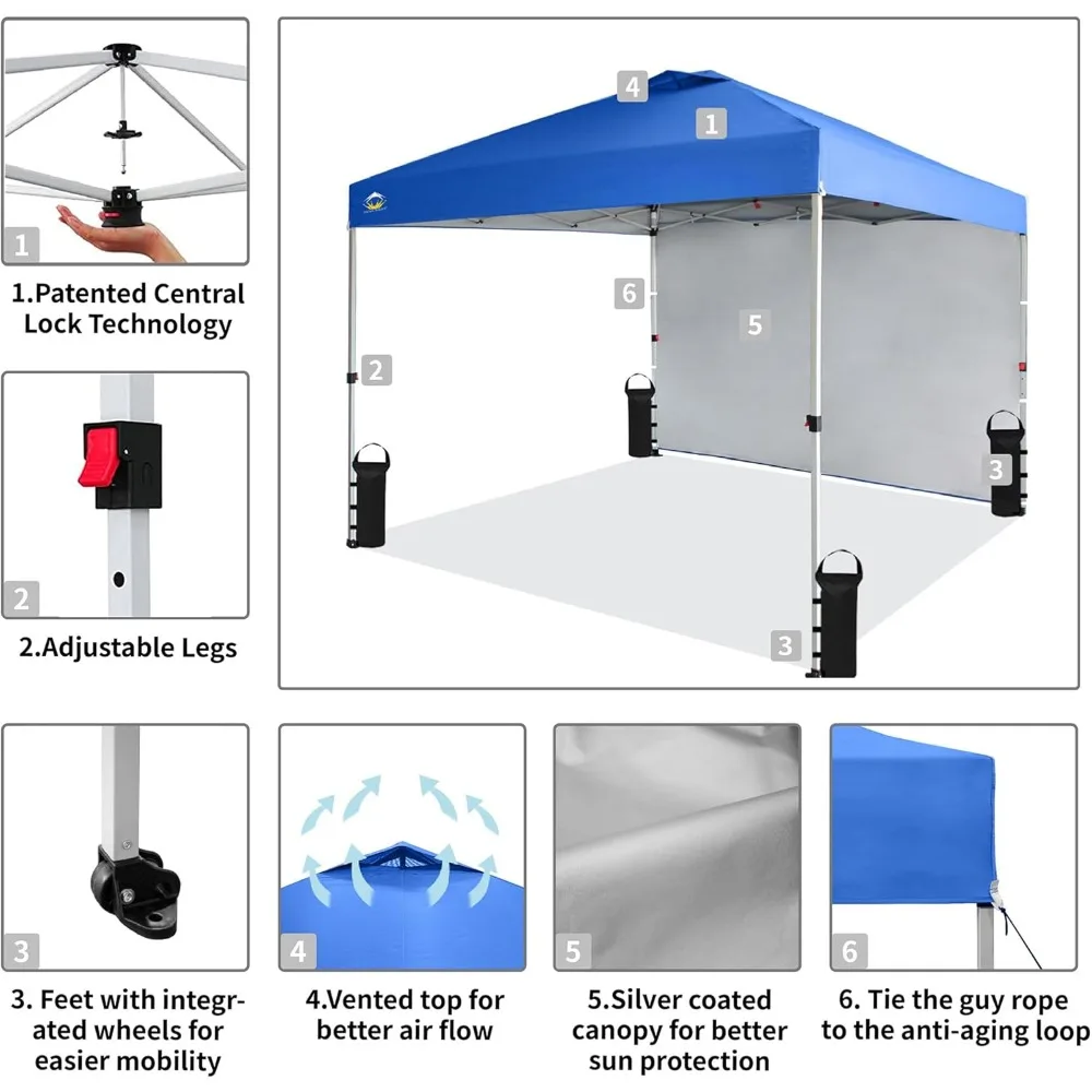 Luifeltent, 10X10 Voet Draagbare Pop-Up Buitenschuilplaats Met 1 Zijwand, Eenvoudig 1 Push Center Lock, UV-Bescherming En Draagtas