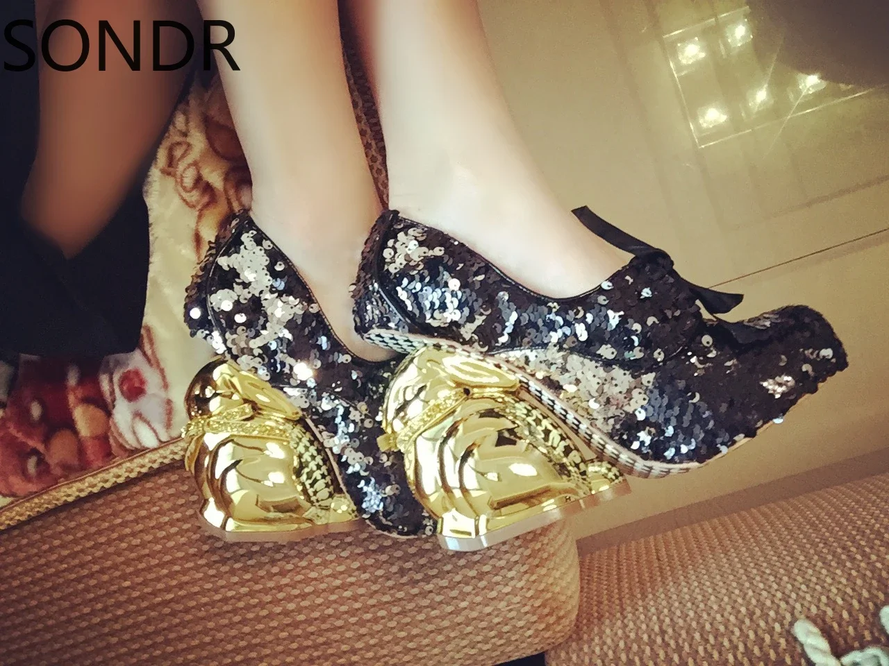 Womens Sequins Bling Lace Up Irregular Strange High Rabbit Heel Pumps Shoes Luxury DIY Sweet Lolita New Arrival 2024