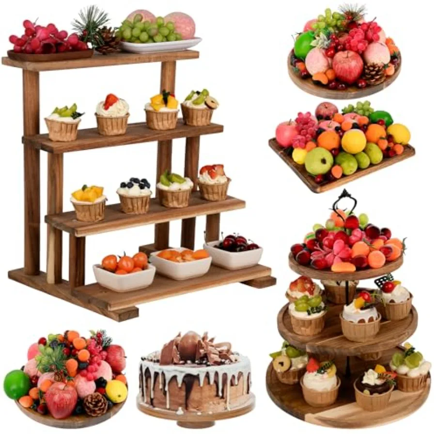 

6 Pcs Acacia Cake Stand Set Wood Dessert Table Display Set 1 Pcs 3 Tire Cupcake Display Stands Cookies Dessert Display Plate an
