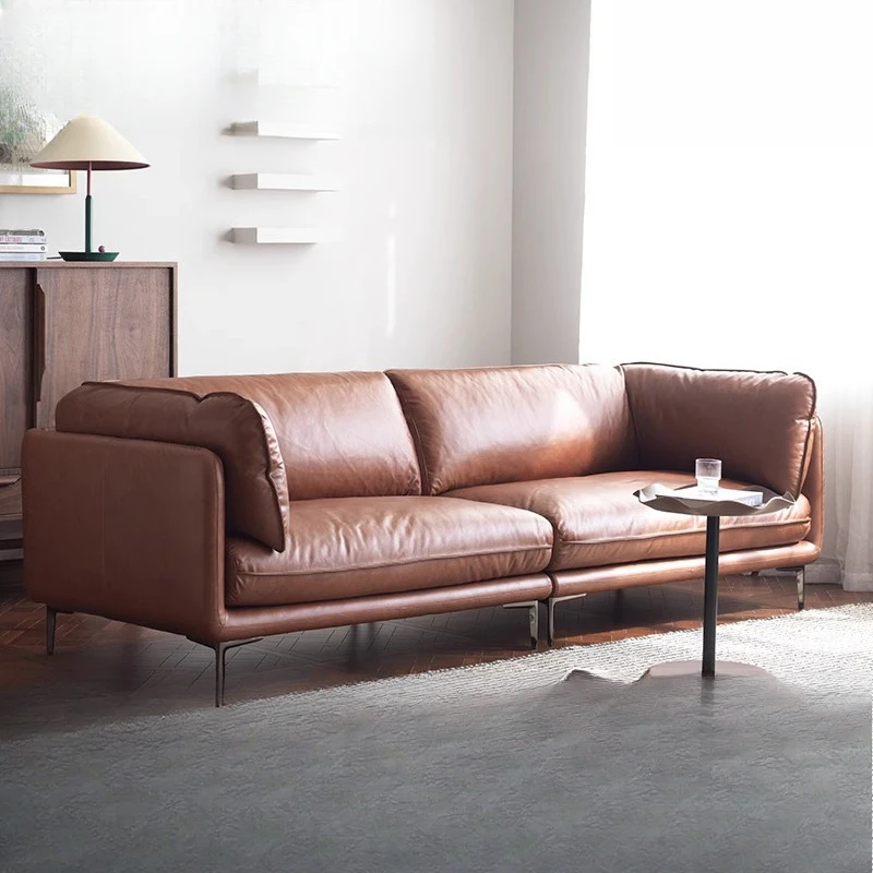 Leather Sofa Nordic Italian Minimalist Full Top Layer Cowhide Medium Style Oil Wax Leather