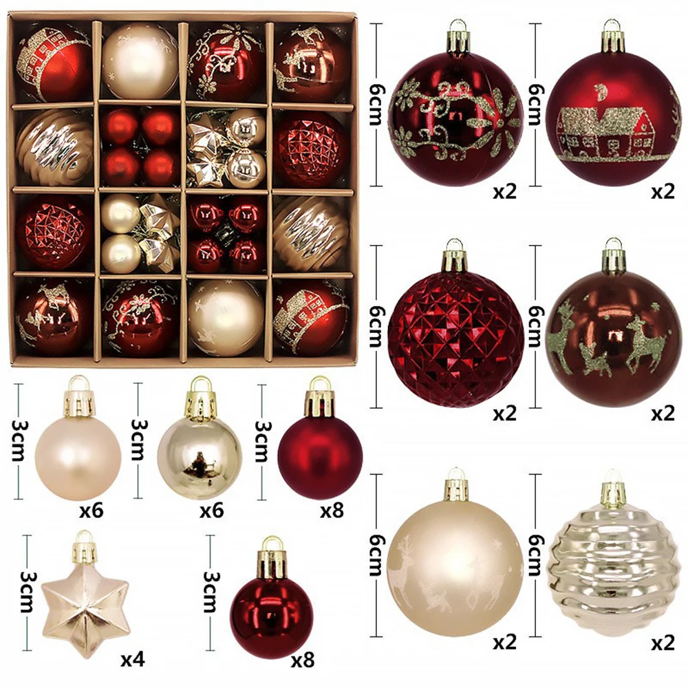 44pcs Christmas Ball Silver Red Christmas Tree Hanging Pendants Printed Special-shaped Gold Christmas Spheres Winter New