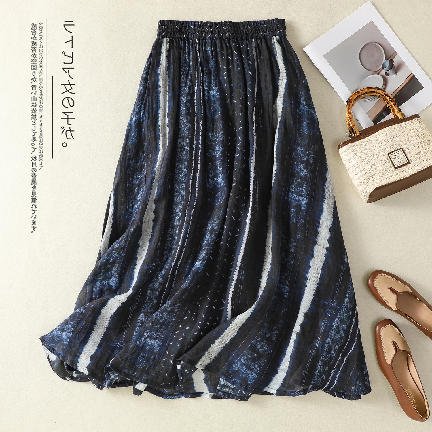 تنورة نسائية متوسطة الطول بقصة A-line فضفاضة ورقيقة للصيف، مصنوعة من القطن وألياف الليوسيل المطبوعة، بخصر متوسط الارتفاع