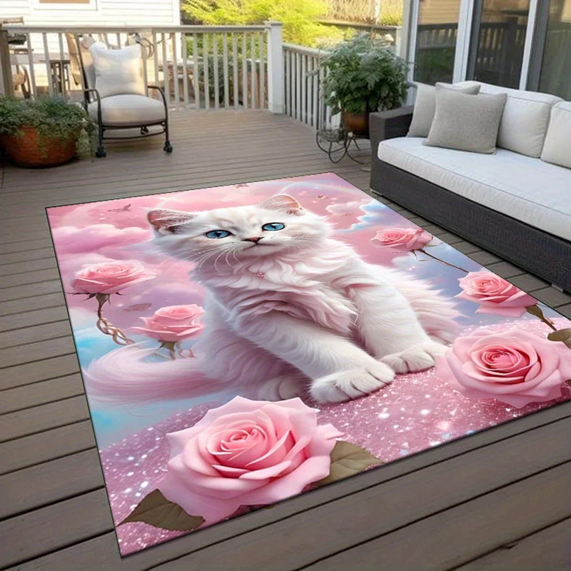 Alfombra rosa para gatos, hilo blanco suave con rosas románticas para decoración romántica, regalos para amantes de las mascotas, alfombra antideslizante que se puede lavar a máquina