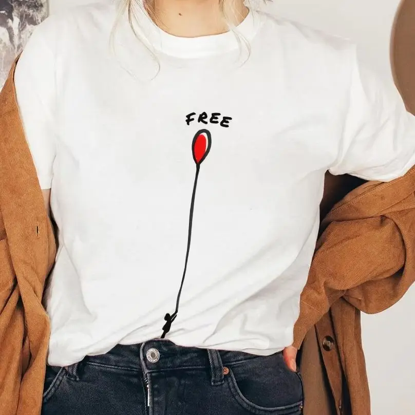 

Cotton Casual Women‘s T-Shirt Y2K Short Sleeve Round Neck Fitted Crop Top Colorful Cute Cartoon Red Ballon Free High-Quality