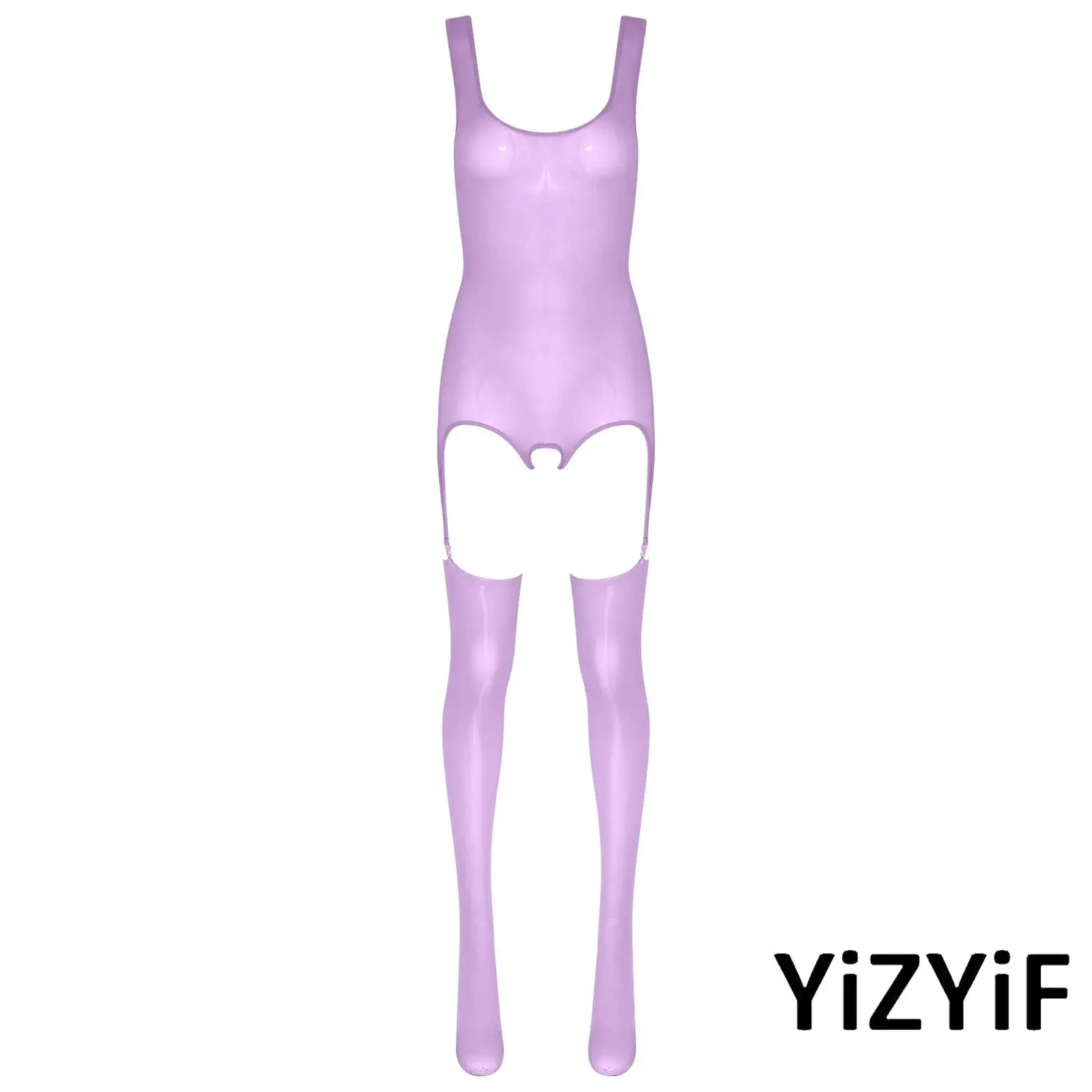 

Womens Scoop Neck Sleeveless Crotch Hollow Out Bodycon Leotard Thigh High Socks Glossy Garters Suspender Bodysuit with Stocking