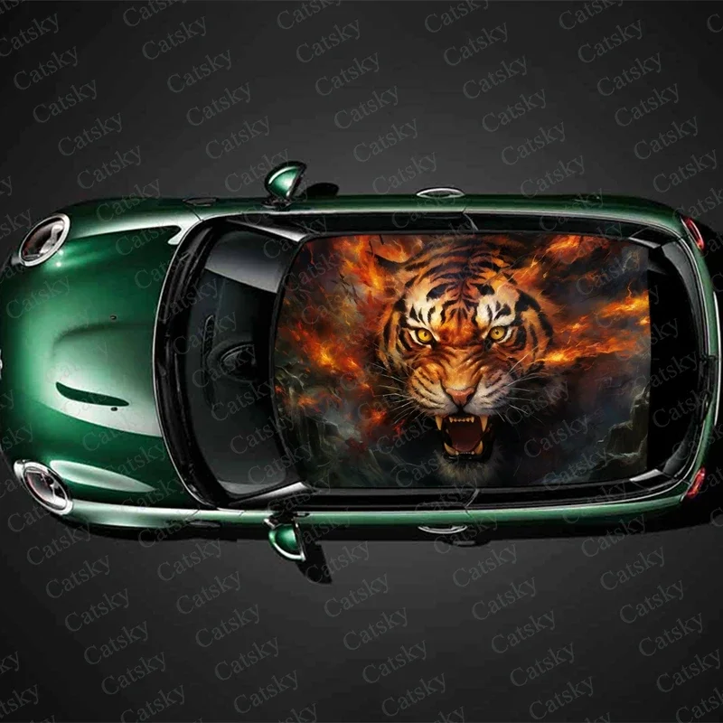 

Tiger Surrounded by Flames Car Roof Sticker Wrap Racing SUV Accessories Packaging Painted PVC Custom Car Graphic Decal