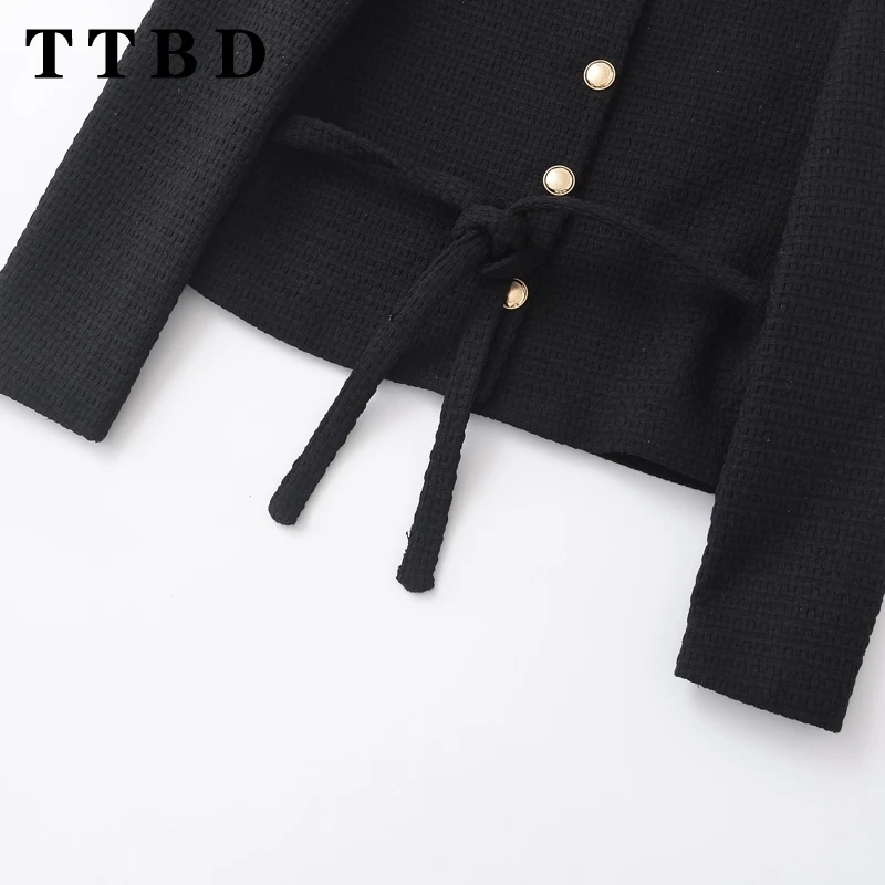 TTBD 2024 New Woman's Autumn Chic Long Sleeve Knitted Coat Female Vintage O-Collar Black Cardigan Lace Gold Button Jacket Top