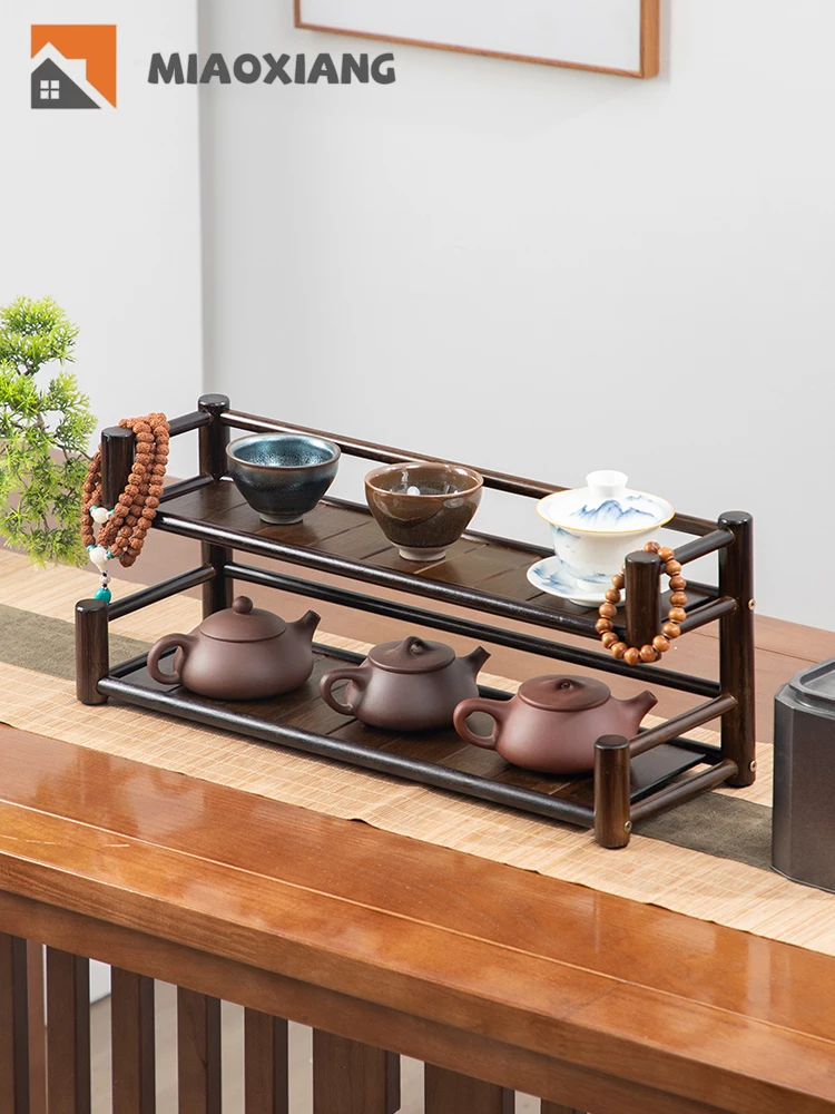 Bogu Tea Set Rack Duobao Pavilion Tea Pot Tea Cup Storage Rack Chinese Style Solid Wood Small Purple Sand Gongfu  BambooTea Tray