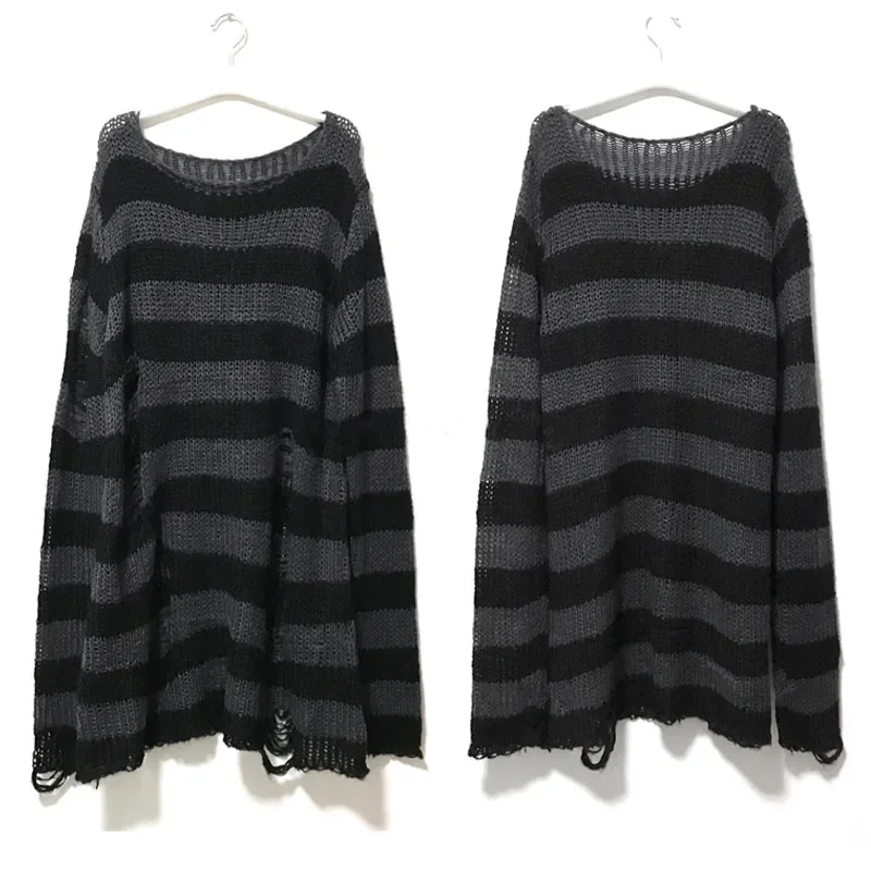 Autumn Women Over Size Loose Rock Dark Pullovers Sweaters Sexy Hollow Out Striped Long Sweaters Punk Gothic Cool Hole Broken