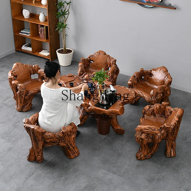 CLOutdoor Zen Tea Table Imitation Wood Root Carving Tea Table and Chair Set Tea Set Integrated Home Balcony  Brewing Table