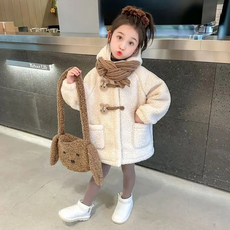 Autumn Winter Children Girl Jackets Rabbit Button Fleece Hooded Baby Girl Outerwear Coat Solid Long Sleeve Warm Little Girl Coat