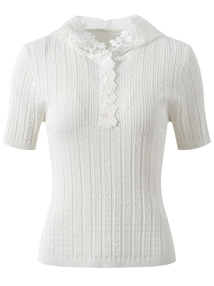

High-End Lace Splice Embroidery ort Sve Knitted Top with Hat Summer Design Sensation Slimming Versatile Women's Sweater