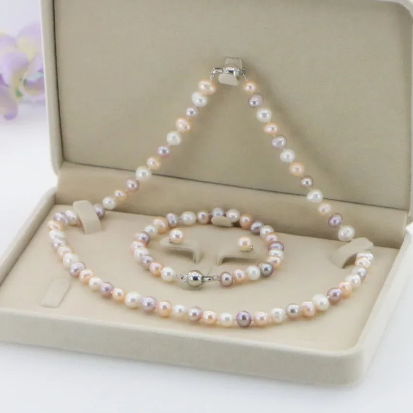 Western Women AAA 7-8mm Black White Pink Purple Akoya Cultured Pearl Necklace Bracelet Earring Set Girl Gift