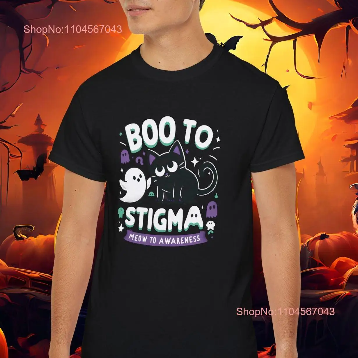 

Футболка с котом на Хэллоуин, психическое здоровье, Boo To Stigma, ультра хлопок для любителей с длинными или короткими рукавами