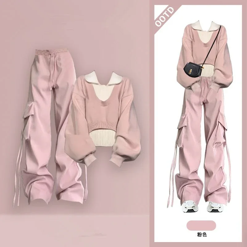 Girl Autumn Winter New Fashion Tracksuit Matching Set Korean Elegant Knit Sweater+vest+Cargo Pants 3-piece Suit Female Clothing