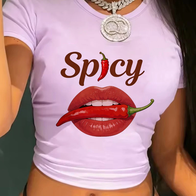 Women's Red Spicy Lips Print Graphic Crop Tops 90s Vintage Tshirt Crew Neck Short Sleeve Cropped T Shirt 2000s Girls