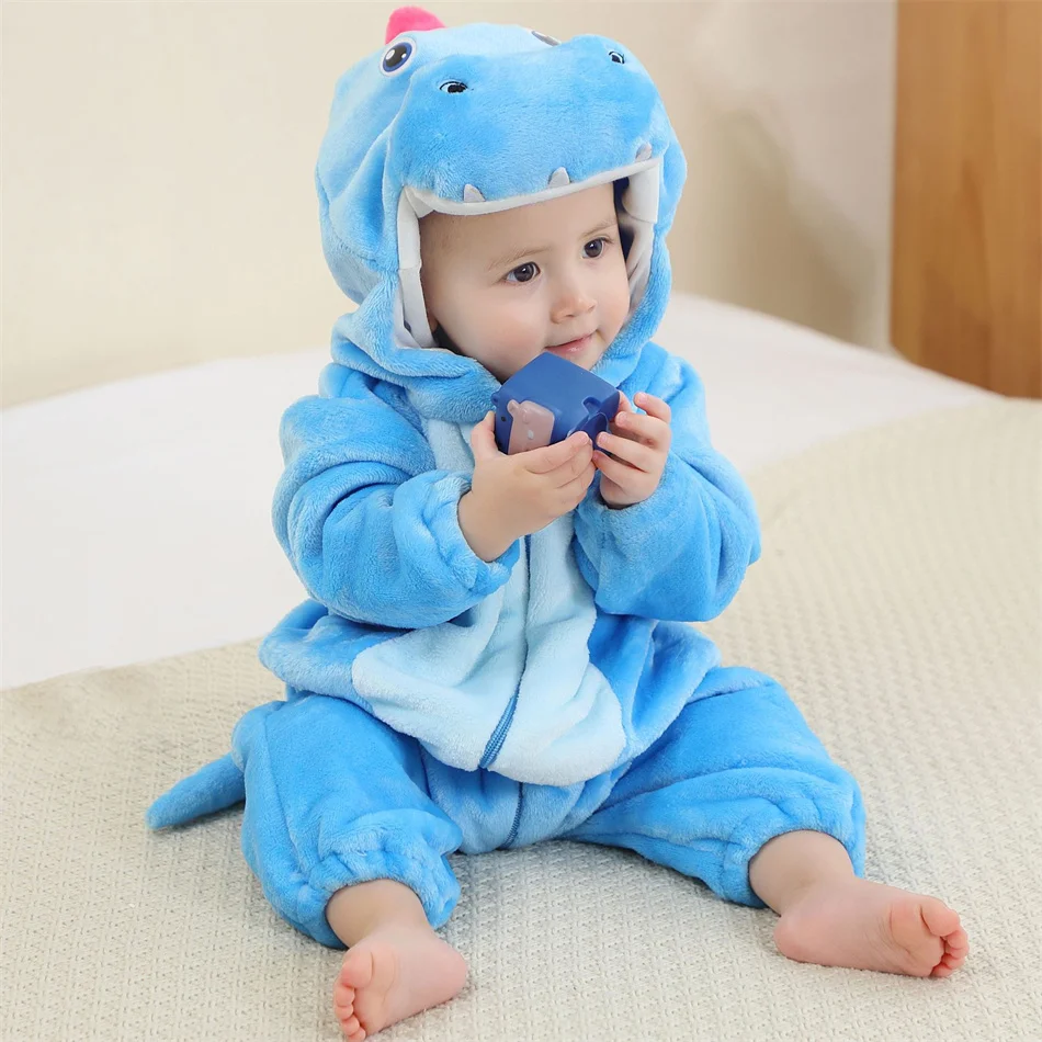 Dinosaur Cosplay Flannel Long Sleeves Bodysuits Kids Cartoon Pajamas Rompers Toddler Fancy Warm Jumpsuits for Baby Girls Boys