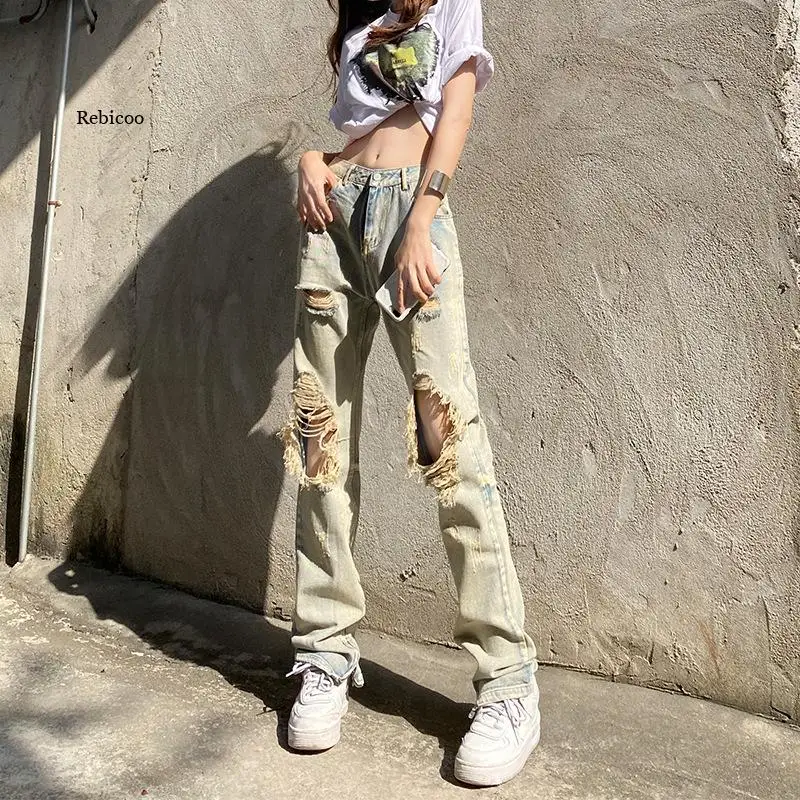 

High Street Straight Loose Jeans Women Retro High Waist Ripped Denim Jeans Streetwear Wide Leg Casual Straight long Pants