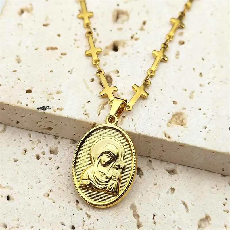 

Christian Our Lady Pendant Necklace for Women Men Stainless Steel Gold Color Virgen Maria Cross Chain Necklaces Jewelry