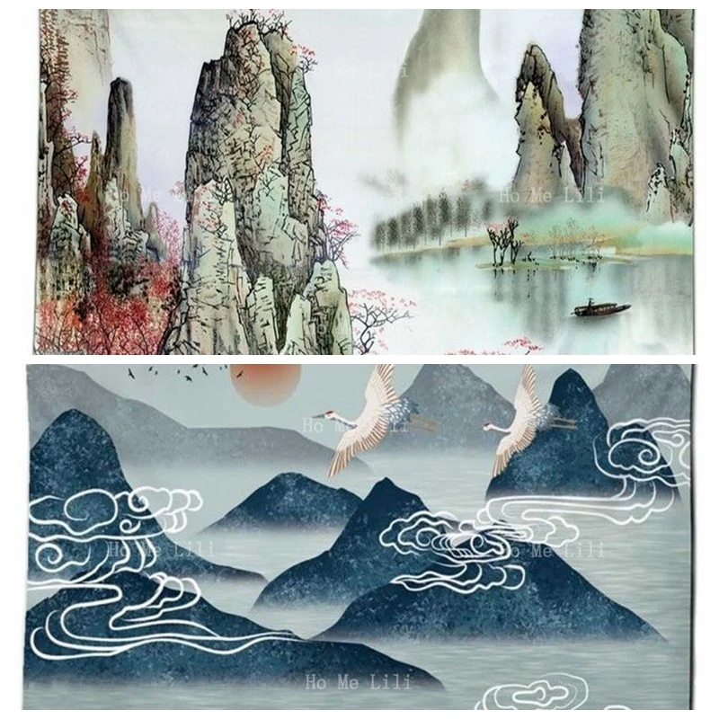 

Flying Cranes In The Mountain Birds Clouds Sun Abstract Nature Landscape Ink Painting Style Decor Japanese Art Tapestry