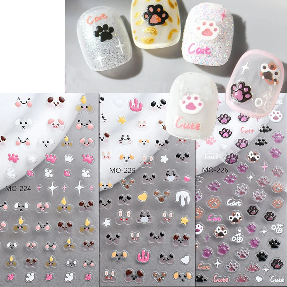 3pcs Cute Jelly Dogs Cats Head Footprint Letters 5d Embossed Nail Art Stickers Nail Decals For Nail Art Manicure Decorations DIY