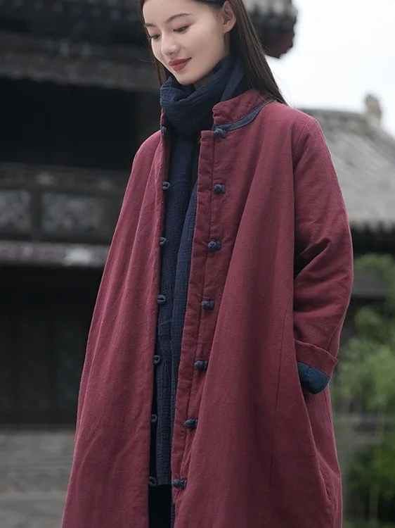 

Thiened Cotton Jaet Women's Ethnic Sle Button up Loose Fit Medium Length Winter Coat High Collar Long Sve Color