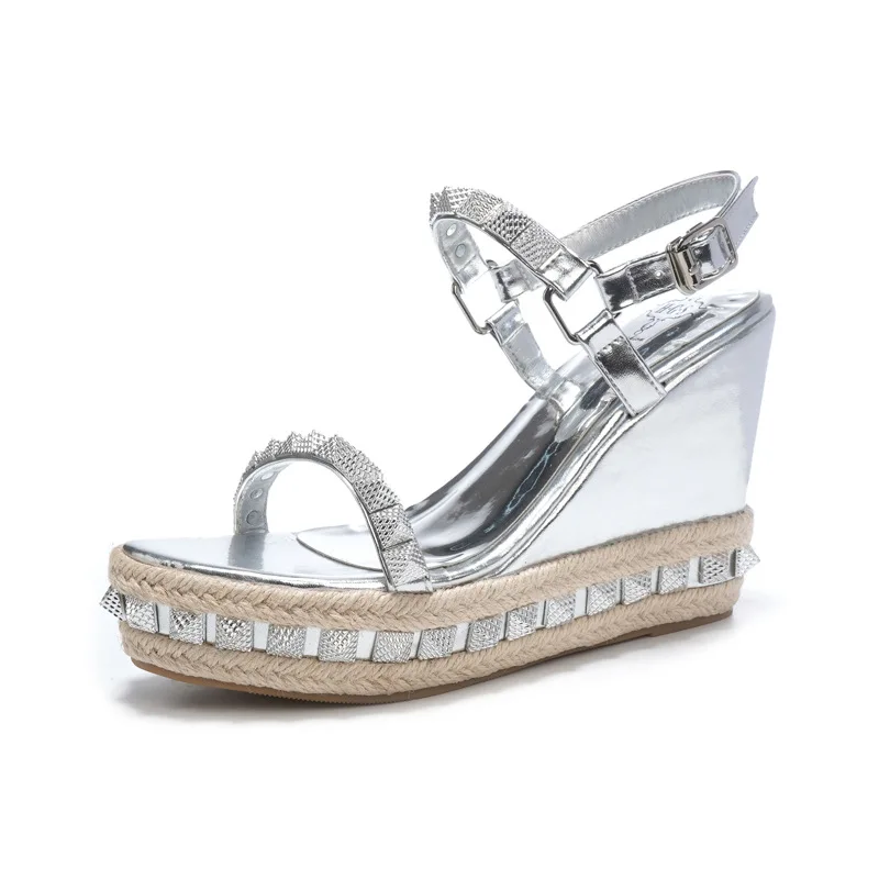 

2025 summer new rivet heightening sandals 10CM slope heel high heels waterproof table muffin thick sole hemp rope women's shoes