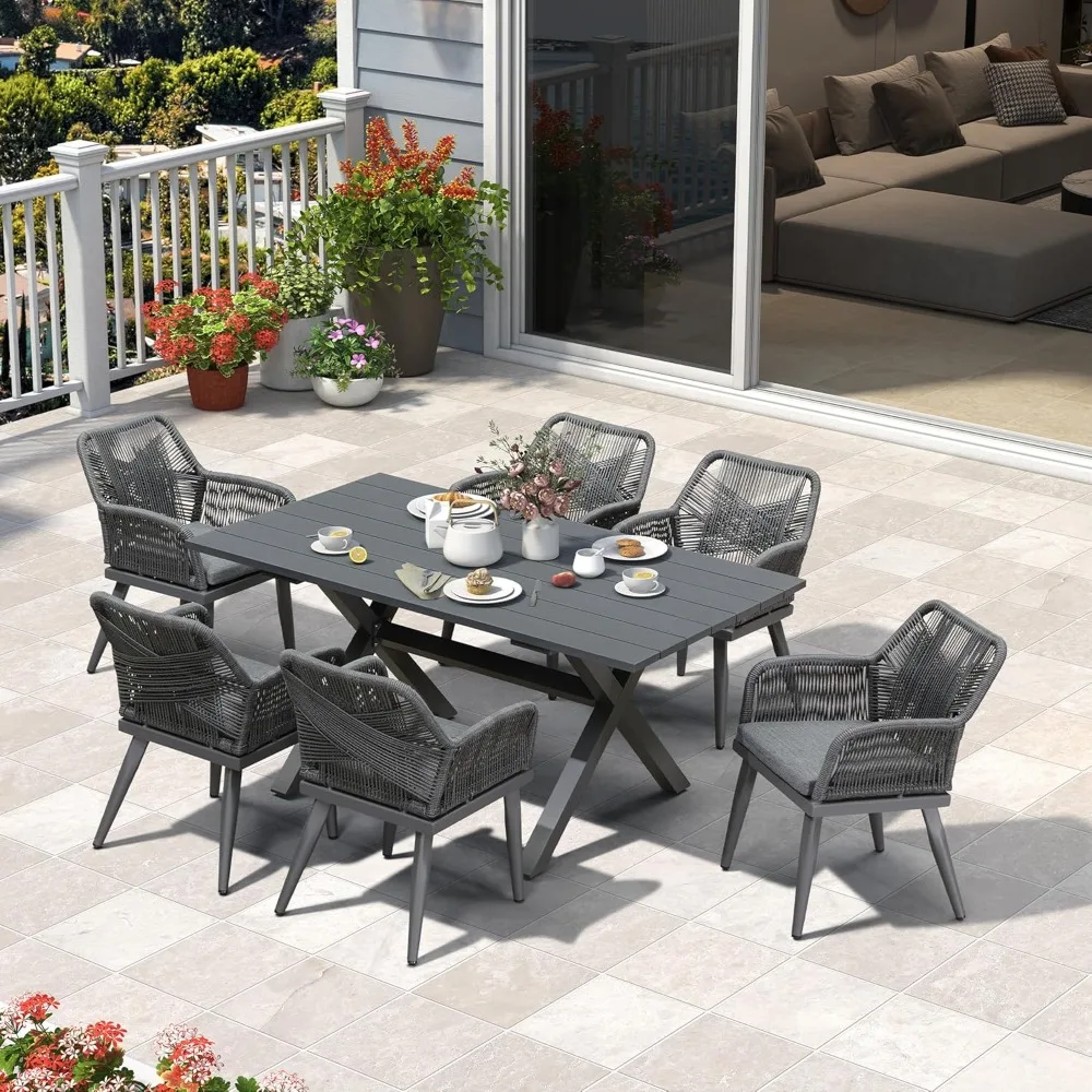 

7 Pieces Outdoor Dining Set All-Weather PE Rattan Outdoor Patio Furniture Set with All Aluminum Frame Rectangular Table