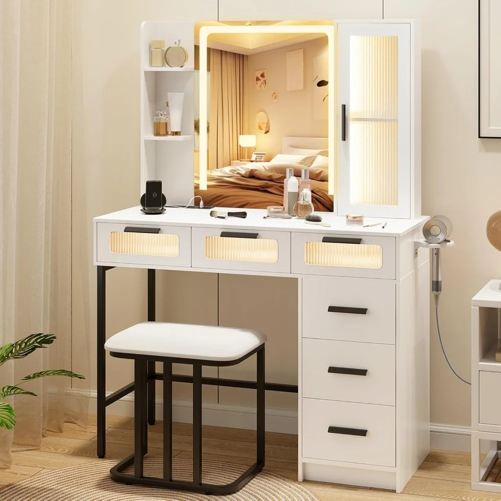 Vanity Desk with Mirror and Lights, White Makeup Vanity Desk with 6 Drawers, Lighted Side Cabinet, Storage Shelves, Charging St