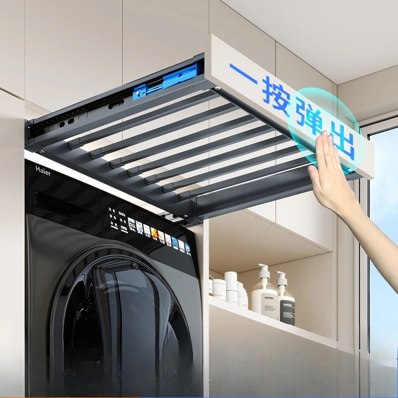 Retractable washing machine rebound pull-out hanger, pull-out invisible drying rack above balcony cabinet
